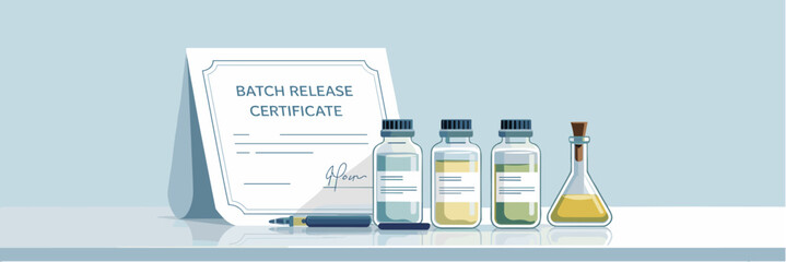Batch release certificate next to pharmaceutical samples in vector banner
