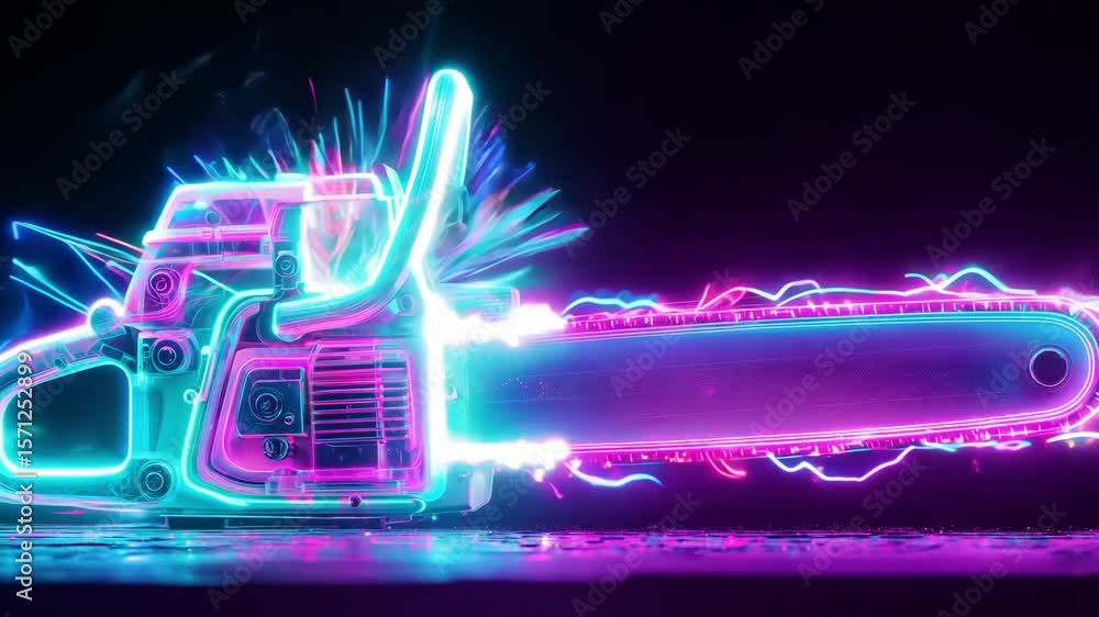 Poster a chainsaw is illustrated with colorful lights and sparks, creating a dynamic and energetic atmosphe