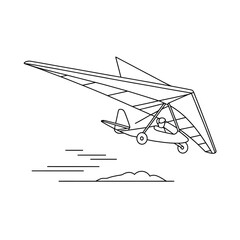 Simple line drawing of a hang glider with a pilot flying over hills