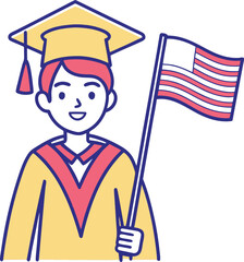 Graduate holding american flag wearing cap and gown graduation