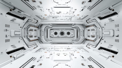 Futuristic White Spaceship Corridor Interior Geometric Design and Bright Lighting