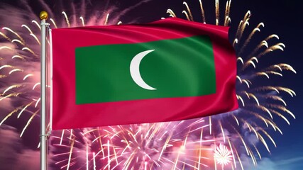 National flag independence state Maldives, background fireworks. AI Generative