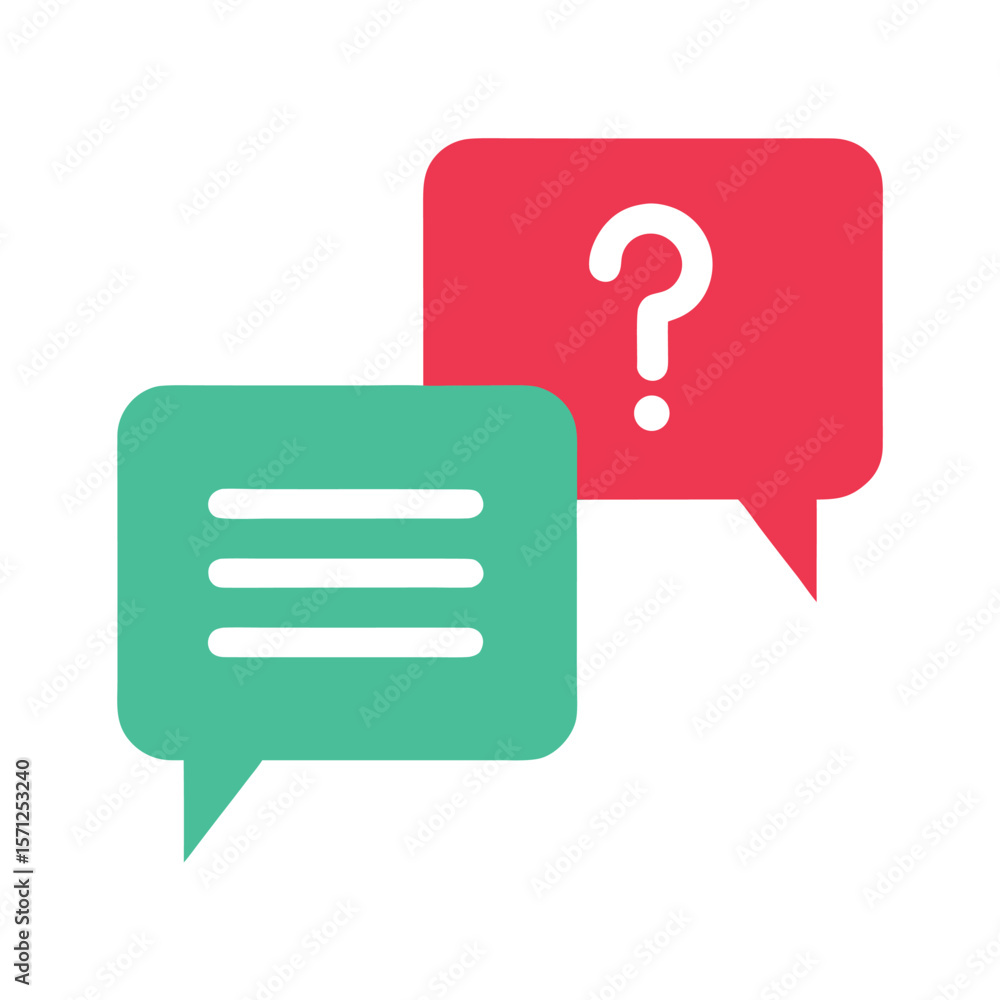 Poster two overlapping speech bubbles one with question mark one with lines chat communication