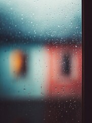 Closeup blurred photography of rain falling against window urban apartment soft focus tranquil atmosphere