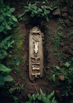Ritualistic Artifact Displayed Amidst Lush Foliage Revealing Ancient Symbolic Practices in Nature