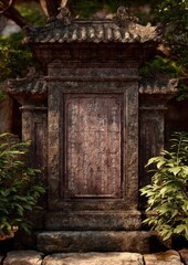 Ornate weathered stone structure with ancient inscriptions amidst lush foliage in a serene garden