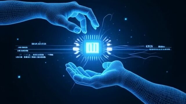 Digital touch featuring two wireframe hands and a glowing microchip represents technology's innovative connection.