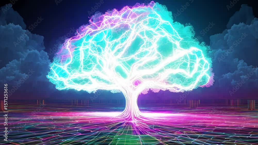 Poster a glowing tree emits colorful rays in a digital dark landscape, creating a surreal and enchanting at