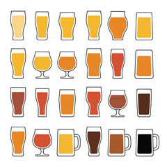 Collection of flat design beer glasses with different colored beers
