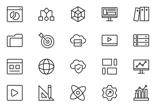 web development line icon set. Vector illustration included icons as mobile software, app UX prototyping, and data analytics pictogram for web startup launch. Green Color,