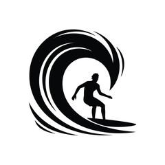 Silhouette of a surfer riding a large crashing wave in a stylized design