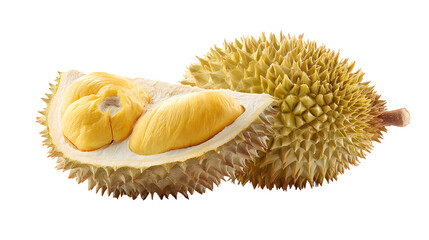 Fototapeta premium Durian fruit with cut in half sliced isolated on a white background