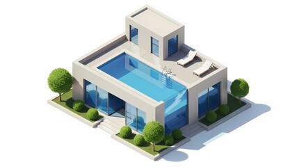 Modern House Isometric View with Swimming Pool and Garden Illustration