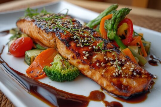 Japanese style salmon in soy sauce with vegetables