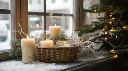 Warm Christmas candles and pine branches by frosty window with glowing lights