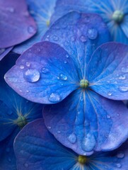 close-up on the individual florets of a vibrant blue hydrangea in a centerpiece, with dew drops visible on the petals, suggesting freshness for a morning event. Close-up, individual, florets, 