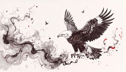 Fototapeta premium Eagle Emerging from Smoke in Traditional Japanese Ink Style