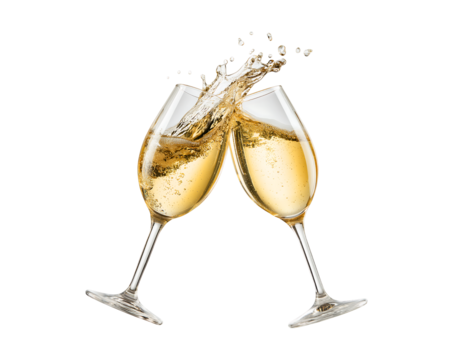 Two champagne glasses clinking isolated on a transparent background