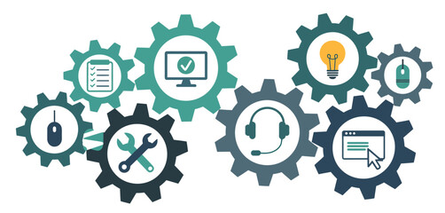Interconnected gears with icons representing technology support and business processes