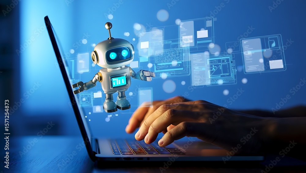Poster futuristic robot assistant hovering over a laptop while someone is typing on the keyboard, artificia