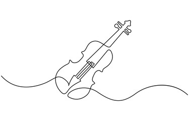  continuous one line drawing. Classic violin music instrument single line art illustration, for orchestra and concert banner in simple linear style. Editable stroke.