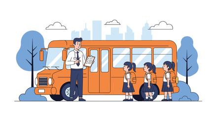 School bus driver checks students before boarding for a safe educational journey