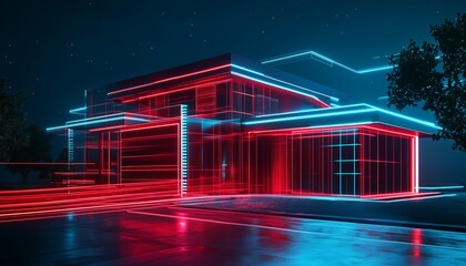 Futuristic Smart Home at Night with Glowing Red Neon Lights and Digital AI Network Concept
