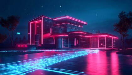 Futuristic Smart Home at Night with Glowing Red Neon Lights and Digital AI Network Concept

