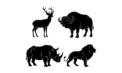 A black vector collection features diverse animal silhouettes, including wild nature mammals like horse, dog, elephant, deer, cow, tiger, wolf, giraffe, cat, bear, and goat