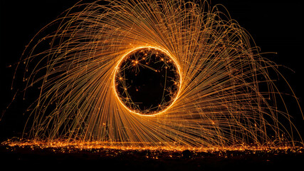 Glowing steel wool spinning creates a circle of sparks at night