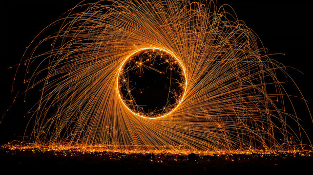 Glowing steel wool spinning creates a circle of sparks at night