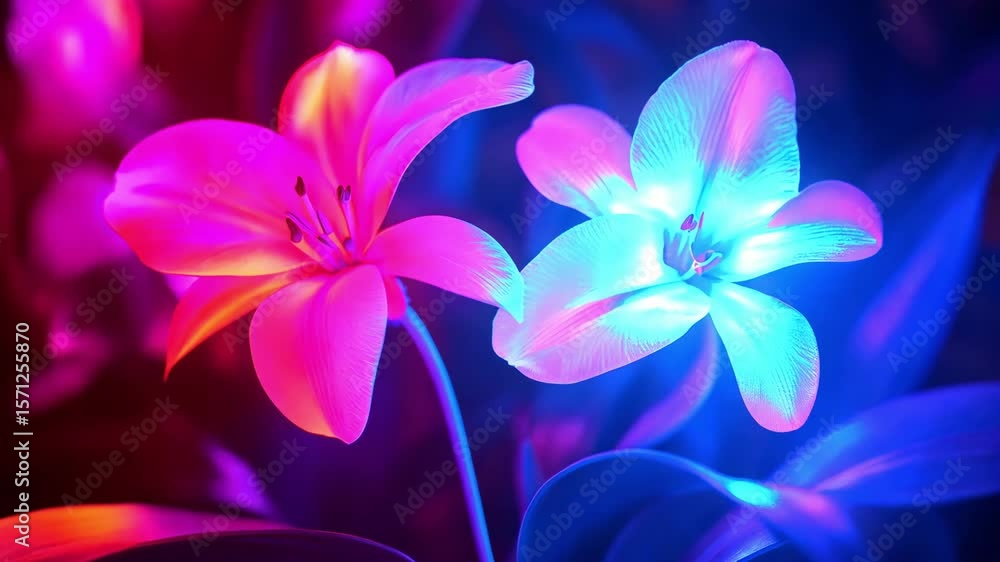Poster Two lily flowers are illuminated with colorful lights, creating a striking display in a botanical environment during the night