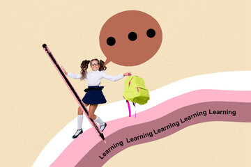 Trendy artwork creative full pop photo collage of happy small schoolgirl walk bubble communication...