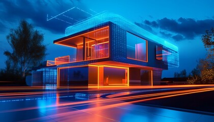 Futuristic Smart Home at Night with Glowing Red Neon Lights and Digital AI Network Concept

