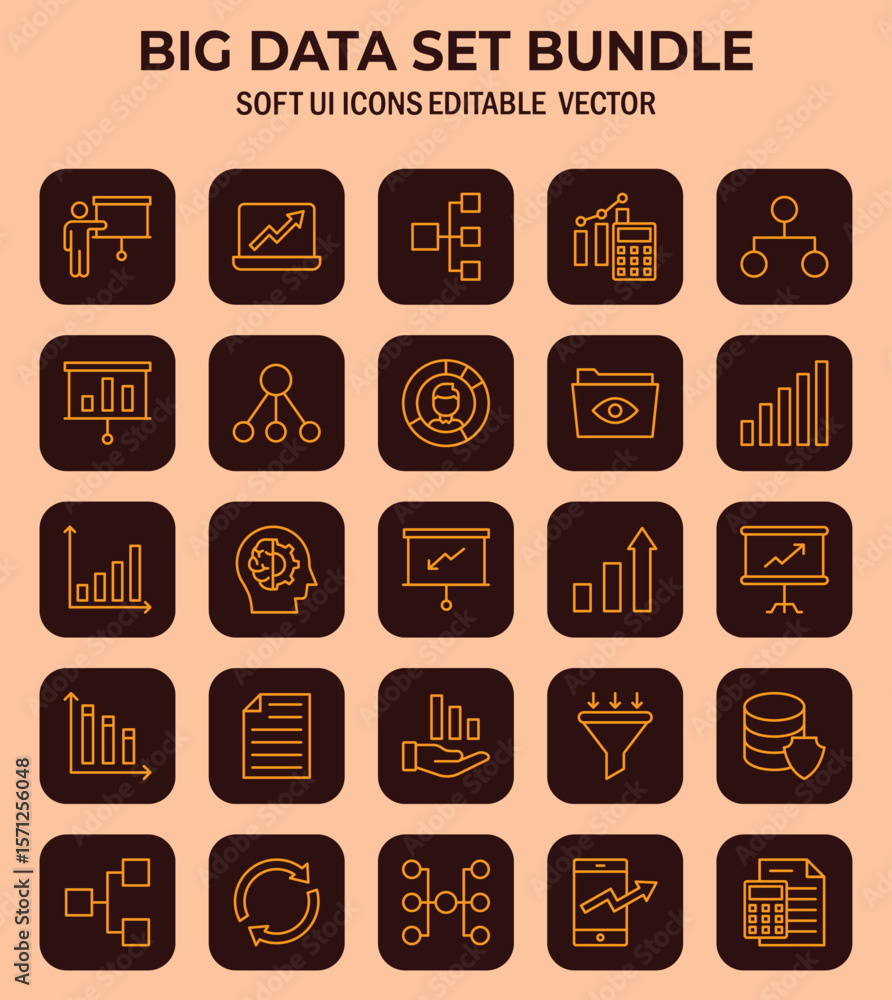 Aufkleber comprehensive big data icon collection, soft ui themed for presentation and visualization, encompass