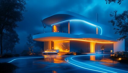 A Beautiful Futuristic Home Exterior at Night, glowing Light Trails, Blue color theme
