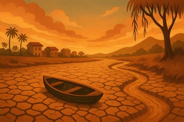 Colorful cartoon illustration of a dry river with cracked soil and a lonely boat, symbolic of climate change in South Asia, emotional tone, painterly animated look