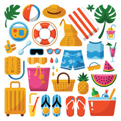 Vibrant collection of summer beach vacation essentials and activities