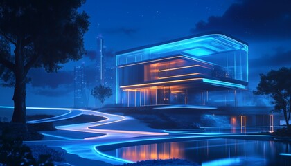 Futuristic Smart Home with Glowing Blue Neon Lights and AI Digital Network at Night
