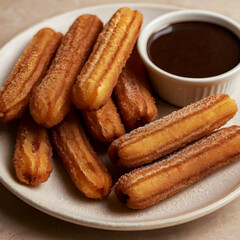 a white plate filled with churros and chocolate dipping sauce