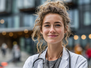 Portrait of a smiling young female doctor with curly hair and stethoscope outside