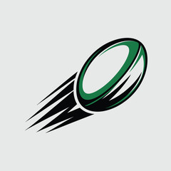 Green and black rugby ball in motion with speed lines on a light grey background