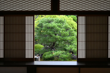 京都市妙満寺の雪見障子を開き観る雪の庭