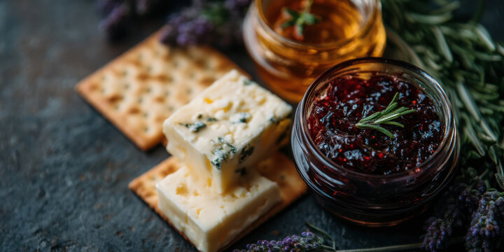 Blue cheese and crackers with berry jam and honey in glass jars on dark stone surface with herbs