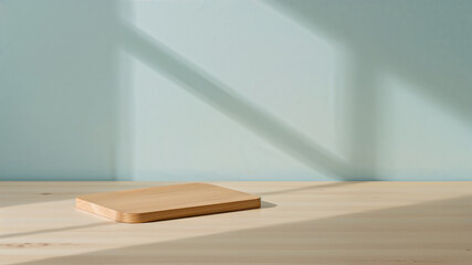Empty wooden podium on table illuminating by window light for product placement