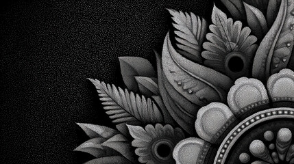 Monochrome Floral Design with Intricate Leaf Pattern and Black Background