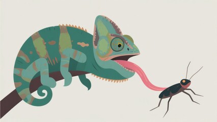 Fototapeta premium A colorful chameleon extends its long tongue to catch a cricket, showcasing its hunting behavior in a minimalistic, stylized illustration.