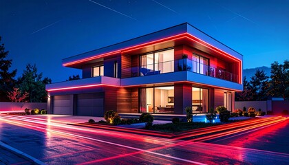 Futuristic Smart Home at Night with Glowing Red Neon Lights and Digital AI Network Concept
