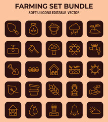 Agricultural themed icon collection representing farming activities and gardening practices with minimalistic design
