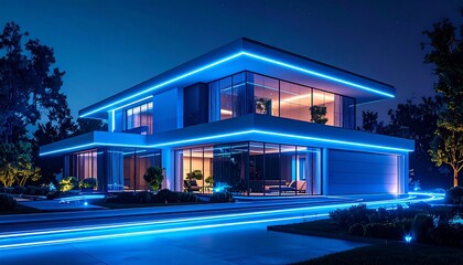 A Beautiful Futuristic Home Exterior at Night, glowing Light Trails, Blue color theme
